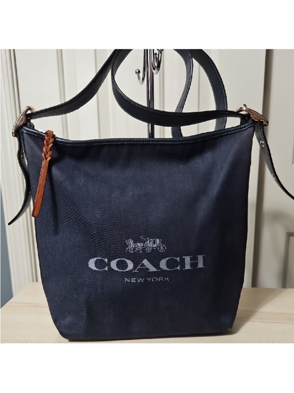 Coach Navy Carriage Hobo Canvas Shoulder Bag with Brown Leather Accent